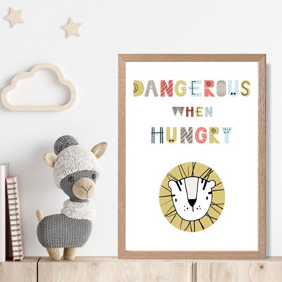 Artze Wall Art Cute Dangerous When Hungry Lion Scandi Quote Framed Print Size: A4 With Oak Frame from B&Q