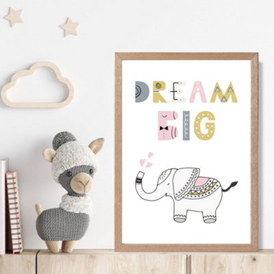 Artze Wall Art Cute Dream Big Elephant Scandi Quote Framed Print Size: A4 With Oak Frame from B&Q
