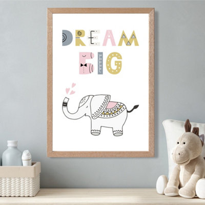 Artze Wall Art Cute Dream Big Elephant Scandi Quote Framed Print Size: A3 With Oak Frame from B&Q