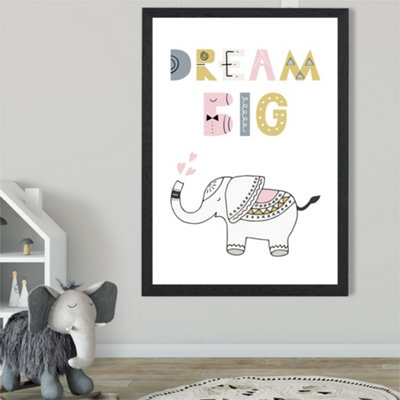 Artze Wall Art Cute Dream Big Elephant Scandi Quote Framed Print Size: A2 With Black Frame from B&Q