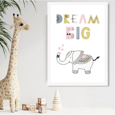 Artze Wall Art Cute Dream Big Elephant Scandi Quote Framed Print Size: A2 With White Frame from B&Q