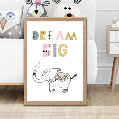 Artze Wall Art Cute Dream Big Elephant Scandi Quote Framed Print Size: A2 With Oak Frame from B&Q