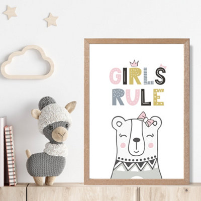 Artze Wall Art Cute Girls Rule Bear Scandi Quote Framed Print Size: A4 With Oak Frame from B&Q