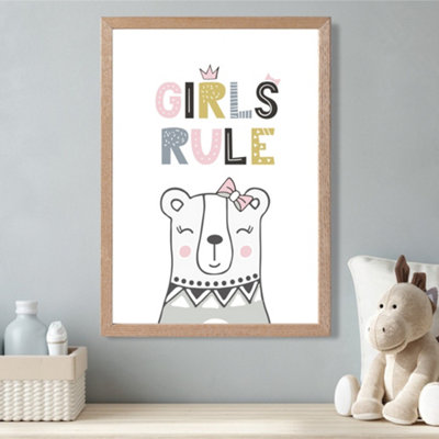 Artze Wall Art Cute Girls Rule Bear Scandi Quote Framed Print Size: A3 With Oak Frame from B&Q