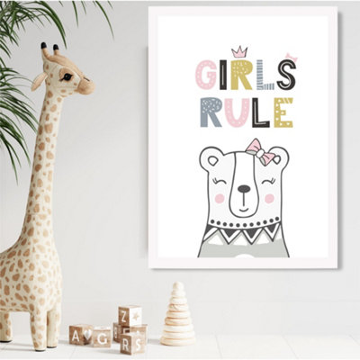 Artze Wall Art Cute Girls Rule Bear Scandi Quote Framed Print Size: A2 With White Frame from B&Q