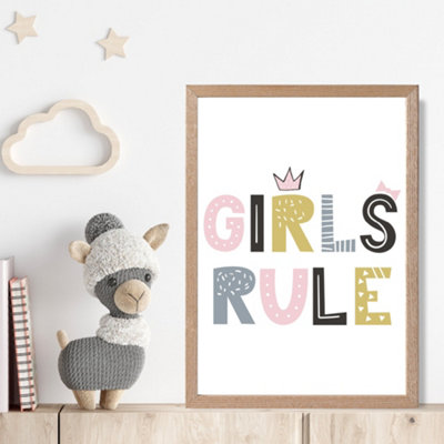Artze Wall Art Cute Girls Rule Scandi Quote Framed Print Size: A4 With Oak Frame from B&Q
