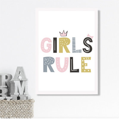 Artze Wall Art Cute Girls Rule Scandi Quote Framed Print Size: A3 With White Frame from B&Q