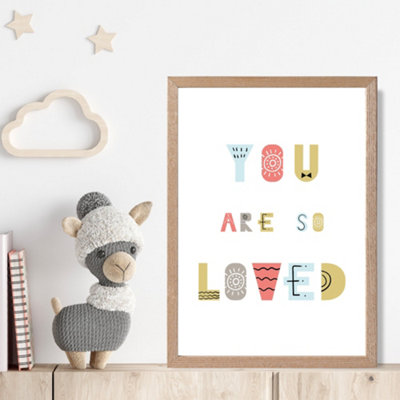 Artze Wall Art Cute You Are So Loved Blue Scandi Quote Framed Print Size: A4 With Oak Frame from B&Q