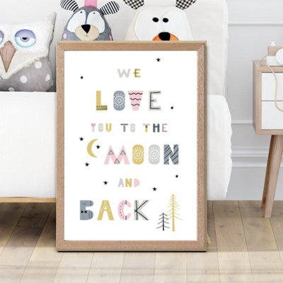 Artze Wall Art Cute Love You To The Moon Pink Scandi Quote Framed Print Size: A2 With Oak Frame from B&Q