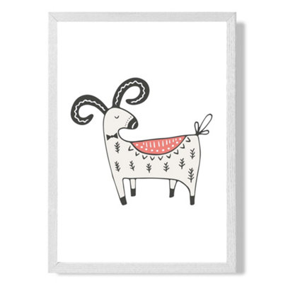 Artze Wall Art Cute Mountain Goat Scandi Animal Art Print With White Frame Size: A4 from B&Q