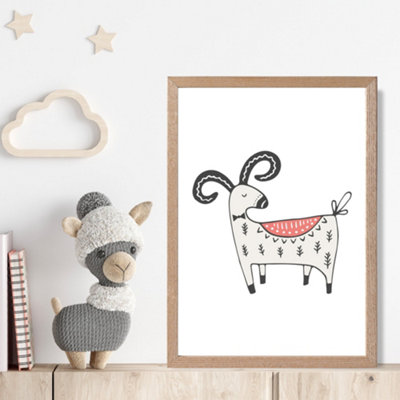 Artze Wall Art Cute Mountain Goat Scandi Animal Framed Print Size: A4 With Oak Frame from B&Q