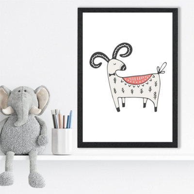 Artze Wall Art Cute Mountain Goat Scandi Animal Framed Print Size: A3 With Black Frame from B&Q