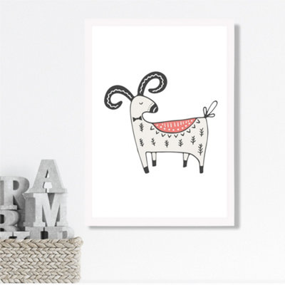 Artze Wall Art Cute Mountain Goat Scandi Animal Framed Print Size: A3 With White Frame from B&Q