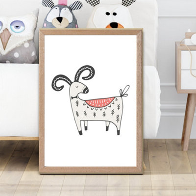 Artze Wall Art Cute Mountain Goat Scandi Animal Framed Print Size: A2 With Oak Frame from B&Q