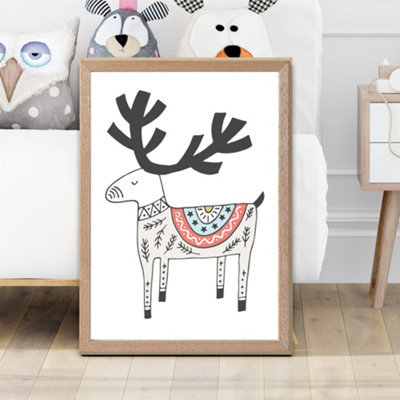 Artze Wall Art Cute Beige Reindeer Scandi Animal Framed Print Size: A2 With Oak Frame from B&Q