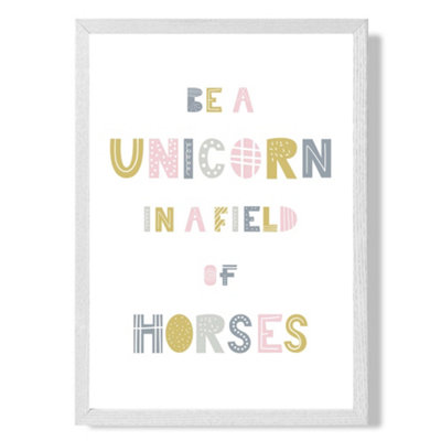 Artze Wall Art Cute Be A Unicorn Pink Scandi Quote Art Print With White Frame Size: A4 from B&Q