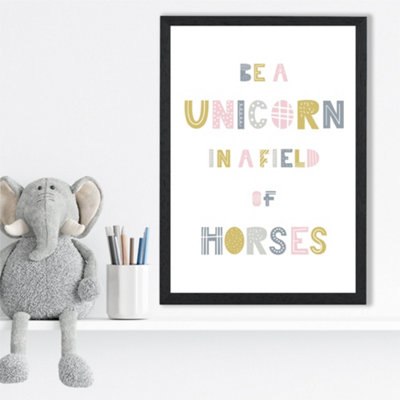 Artze Wall Art Cute Be A Unicorn Pink Scandi Quote Framed Print Size: A3 With Black Frame from B&Q