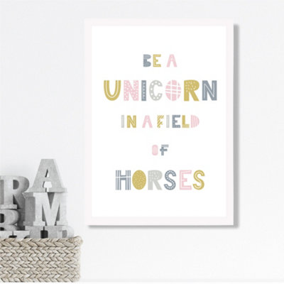 Artze Wall Art Cute Be A Unicorn Pink Scandi Quote Framed Print Size: A3 With White Frame from B&Q