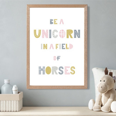 Artze Wall Art Cute Be A Unicorn Pink Scandi Quote Framed Print Size: A3 With Oak Frame from B&Q