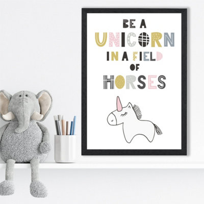 Artze Wall Art Cute Be A Unicorn Scandi Animal Framed Print Size: A3 With Black Frame from B&Q