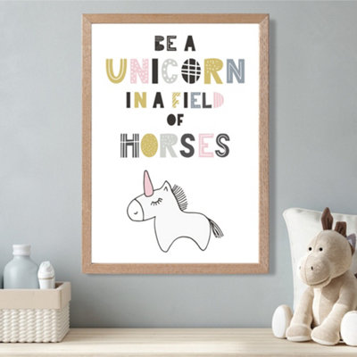 Artze Wall Art Cute Be A Unicorn Scandi Animal Framed Print Size: A3 With Oak Frame from B&Q