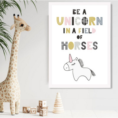 Artze Wall Art Cute Be A Unicorn Scandi Animal Framed Print Size: A2 With White Frame from B&Q