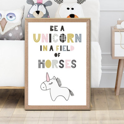 Artze Wall Art Cute Be A Unicorn Scandi Animal Framed Print Size: A2 With Oak Frame from B&Q