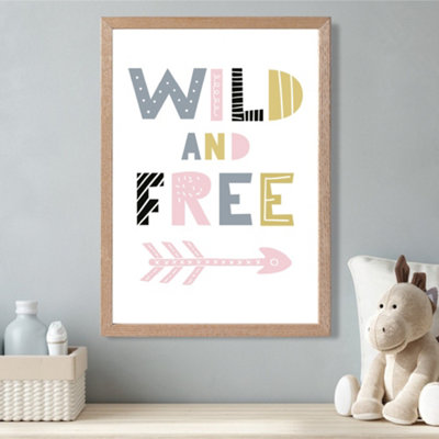 Artze Wall Art Cute Wild And Free Pink Scandi Quote Framed Print Size: A3 With Oak Frame from B&Q