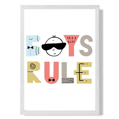 Artze Wall Art Cute Boys Rule Scandi Quote Art Print With White Frame Size: A4 from B&Q