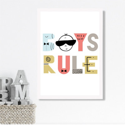 Artze Wall Art Cute Boys Rule Scandi Quote Framed Print Size: A3 With White Frame from B&Q