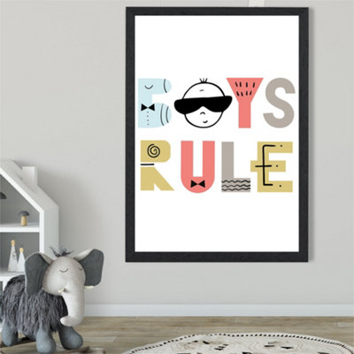 Artze Wall Art Cute Boys Rule Scandi Quote Framed Print Size: A2 With Black Frame from B&Q