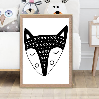 Artze Wall Art Cute Black Fox Scandi Animal Framed Print Size: A2 With Oak Frame from B&Q