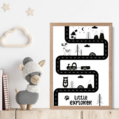 Artze Wall Art Cute Little Explorer Map Scandi  Framed Print Size: A4 With Oak Frame from B&Q