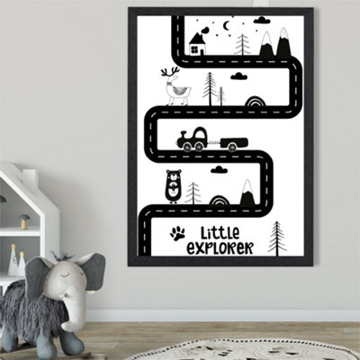 Artze Wall Art Cute Little Explorer Map Scandi  Framed Print Size: A2 With Black Frame from B&Q
