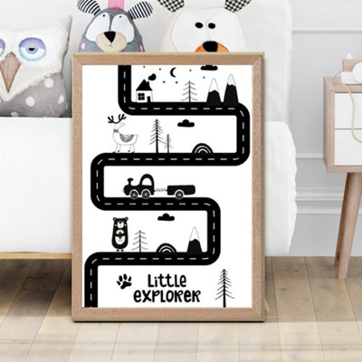 Artze Wall Art Cute Little Explorer Map Scandi  Framed Print Size: A2 With Oak Frame from B&Q