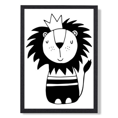 Artze Wall Art Cute Black Lion Scandi Animal Art Print With Black Frame Size: A4 from B&Q