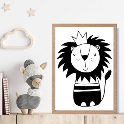 Artze Wall Art Cute Black Lion Scandi Animal Framed Print Size: A4 With Oak Frame from B&Q