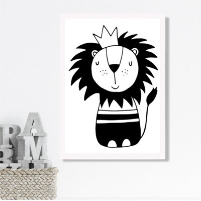 Artze Wall Art Cute Black Lion Scandi Animal Framed Print Size: A3 With White Frame from B&Q