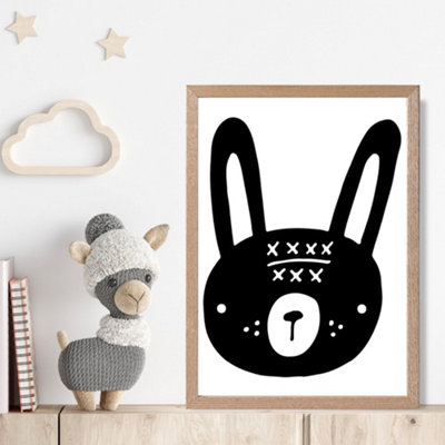 Artze Wall Art Cute Black Rabbit Scandi Animal Framed Print Size: A4 With Oak Frame from B&Q
