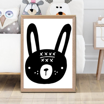 Artze Wall Art Cute Black Rabbit Scandi Animal Framed Print Size: A2 With Oak Frame from B&Q