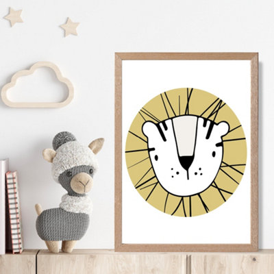 Artze Wall Art Cute Yellow Lion Scandi Animal Framed Print Size: A4 With Oak Frame from B&Q