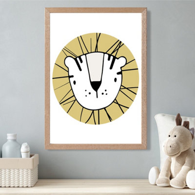 Artze Wall Art Cute Yellow Lion Scandi Animal Framed Print Size: A3 With Oak Frame from B&Q