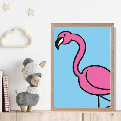 Artze Wall Art Cute Cartoon Style Flamingo Framed Print Size: A4 With Oak Frame from B&Q