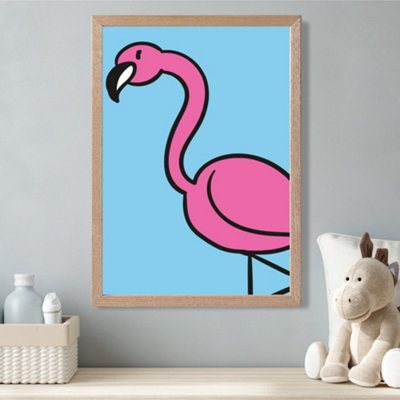 Artze Wall Art Cute Cartoon Style Flamingo Framed Print Size: A3 With Oak Frame from B&Q