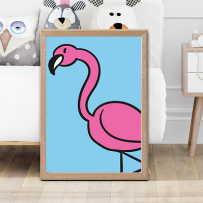 Artze Wall Art Cute Cartoon Style Flamingo Framed Print Size: A2 With Oak Frame from B&Q