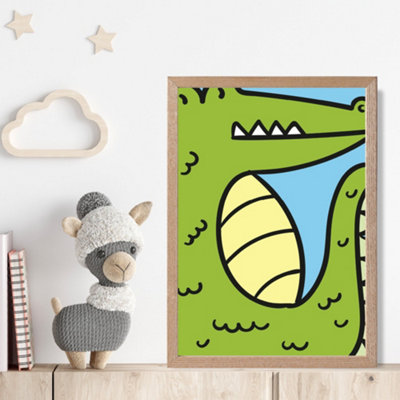 Artze Wall Art Cute Cartoon Style Crocodile Framed Print Size: A4 With Oak Frame from B&Q