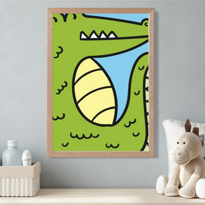 Artze Wall Art Cute Cartoon Style Crocodile Framed Print Size: A3 With Oak Frame from B&Q