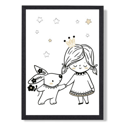 Artze Wall Art Scandi Princess Little Girl And Rabbit Art Print With Black Frame Size: A4 from B&Q