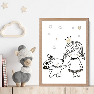 Artze Wall Art Scandi Princess Little Girl And Rabbit Framed Print Size: A4 With Oak Frame from B&Q