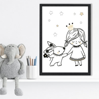 Artze Wall Art Scandi Princess Little Girl And Rabbit Framed Print Size: A3 With Black Frame from B&Q